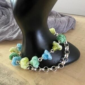 $49 SALE Handmade Spring Floral Flower Chain Bracelet Blue Green Yellow Pastel